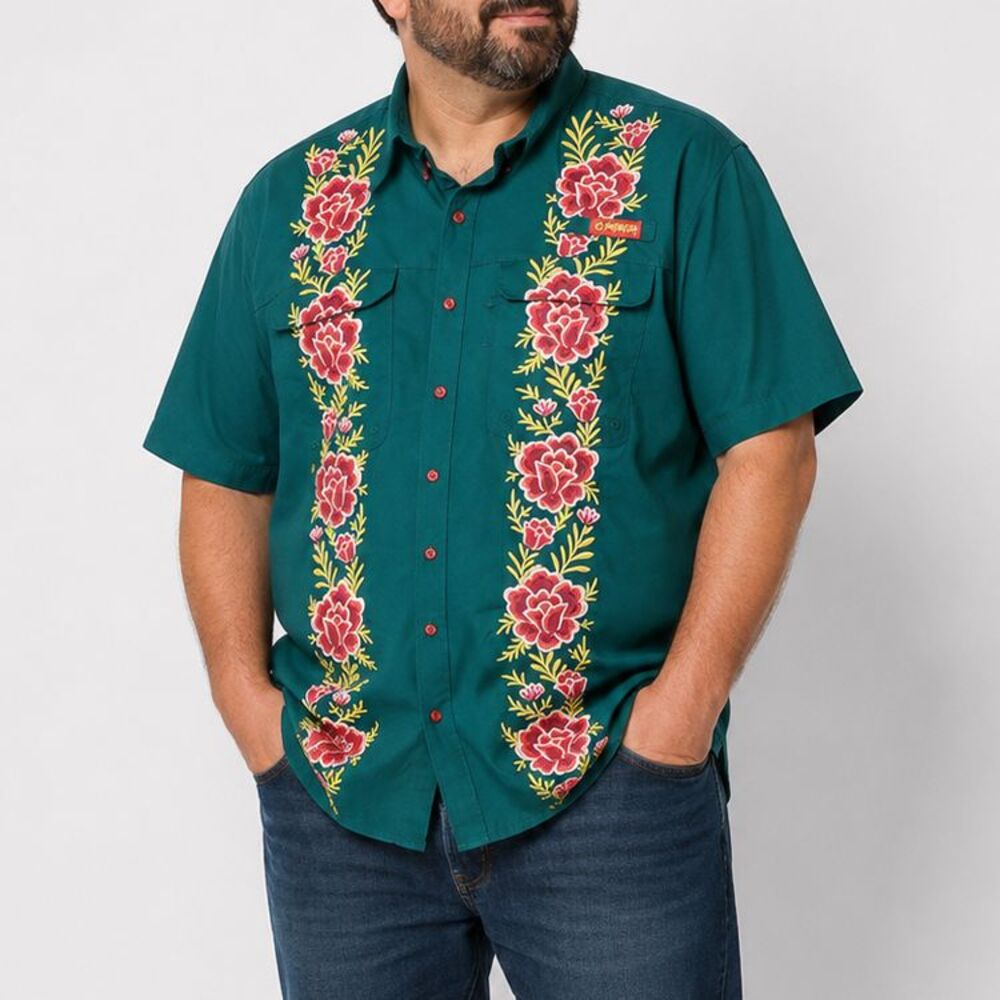 Magellan Outdoors Laguna Madre Fishing Shirt Men's 2XL Green Floral Embroidered